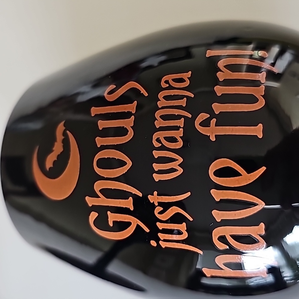 S/2 "Ghouls just wanna have fun!" Halloween Moon Bat Black + Orange Wine Glasses - Picture 6 of 8